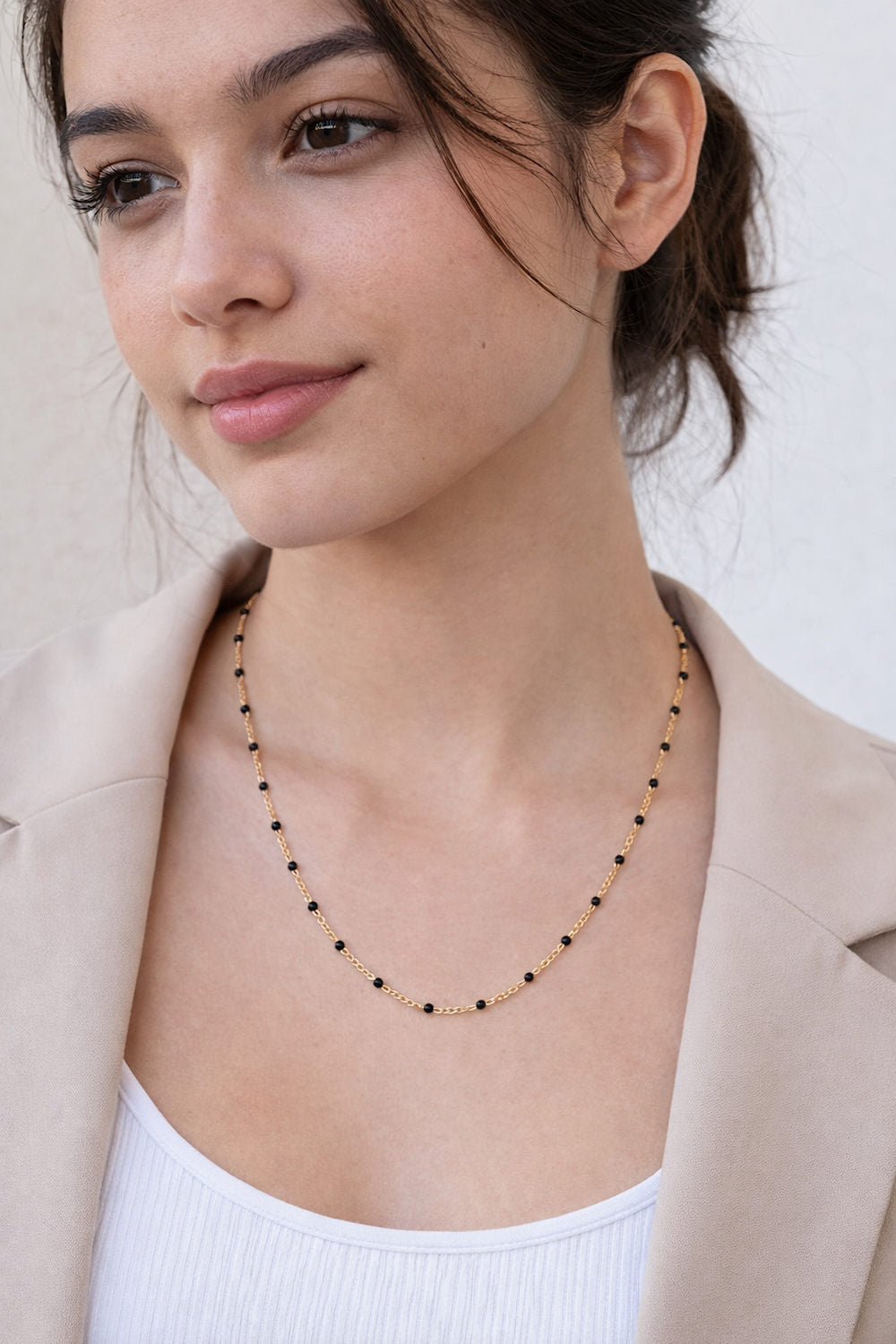 black bead station necklace 14K yellow gold