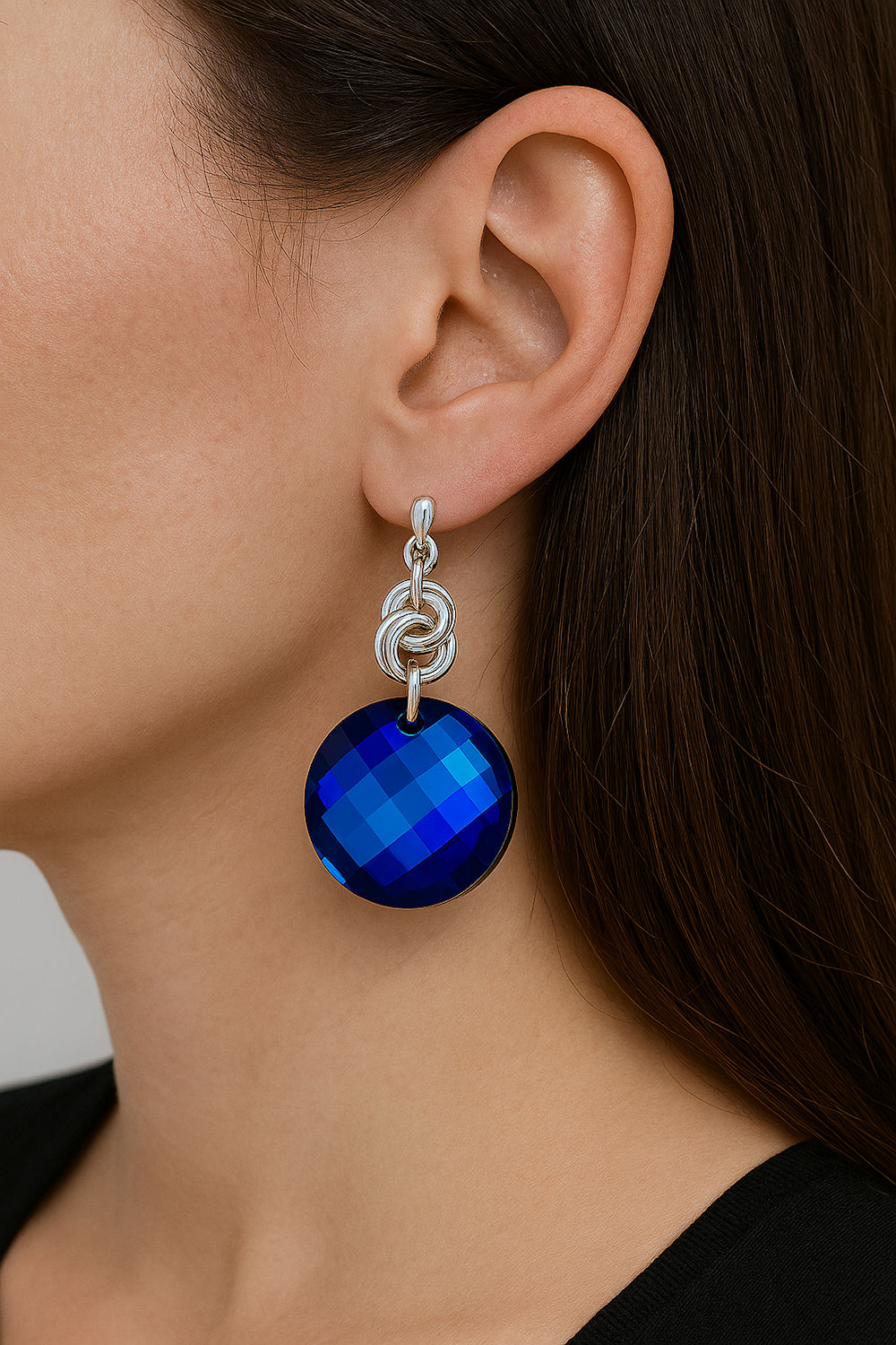 silver statement earrings with electric blue Swarovski crystals