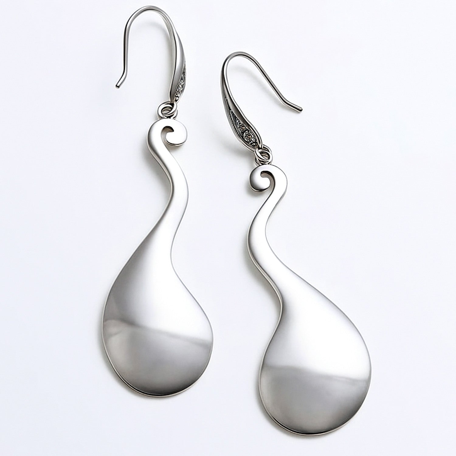 elegant long silver statement earrings swirl drop