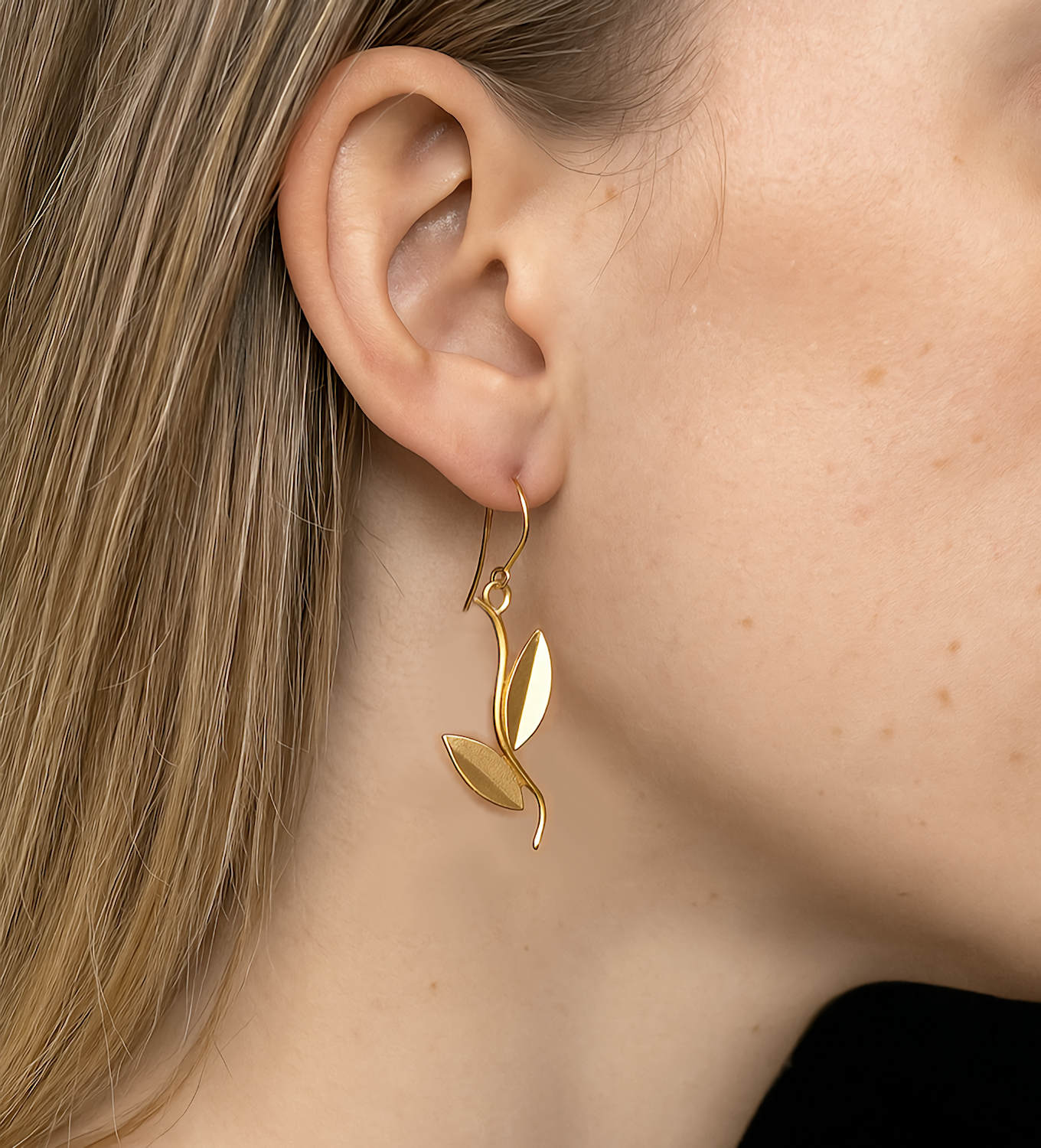gold vine leaf dangle earrings nature jewelry