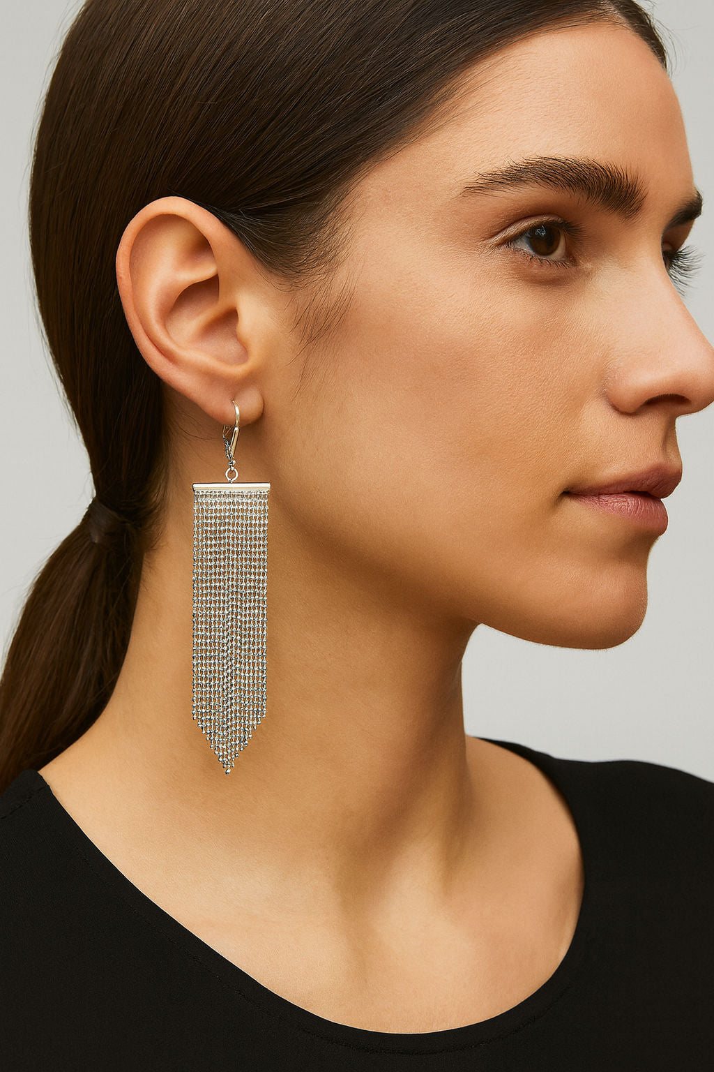 Long Silver Tassel Statement Earrings
