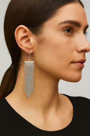 long silver tassel statement earrings on model
