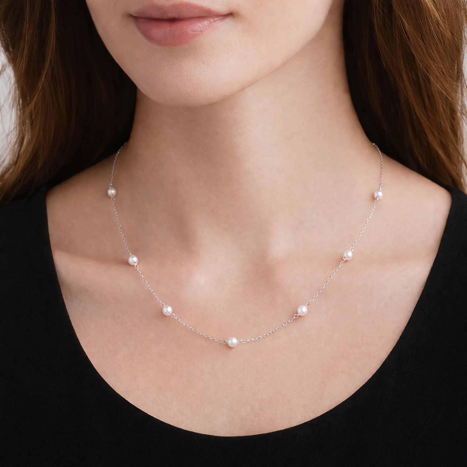 Dainty White Pearl Station Necklace in 14K White Gold - Zoran Designs