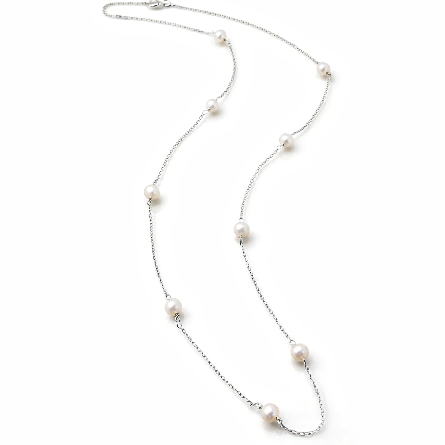 Dainty White Pearl Station Necklace in 14K White Gold - Zoran Designs