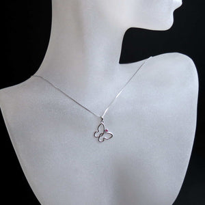 Pink sapphire butterfly necklace in white gold