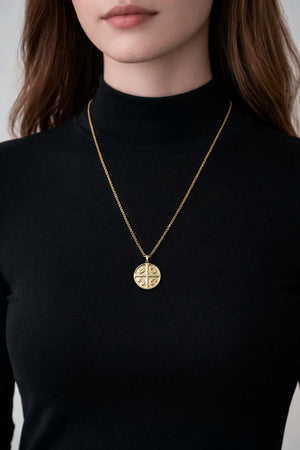 Serbian cross medallion necklace on female model