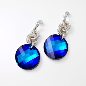 silver statement earrings with electric blue Swarovski crystals