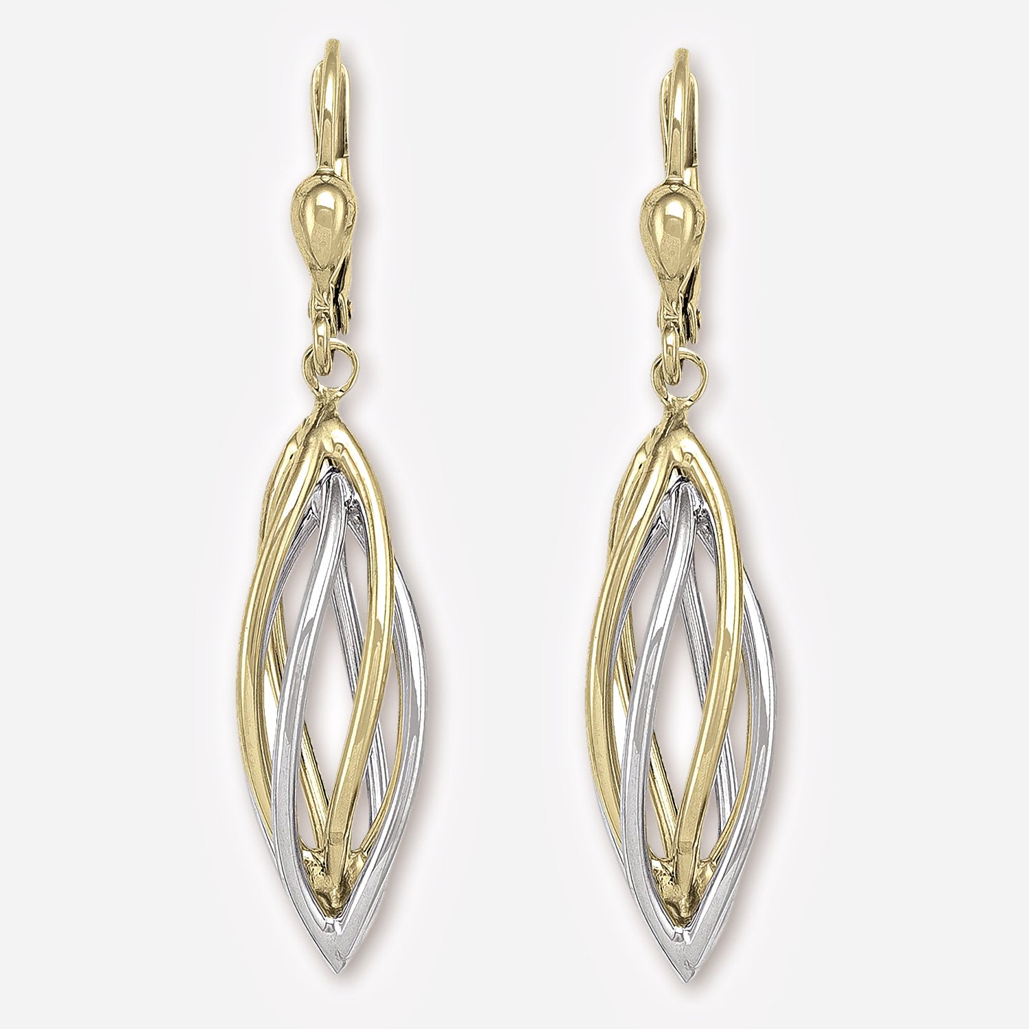 spiral twist cage two tone gold dangle earrings