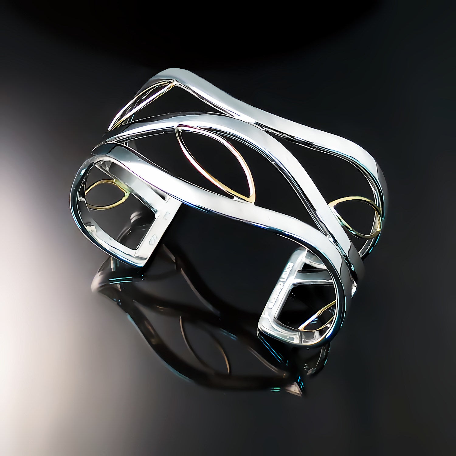 wide cuff statement bracelet two tone silver and gold