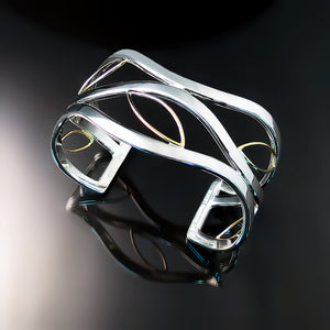 statement bracelet wide cuff in sterling silver and gold