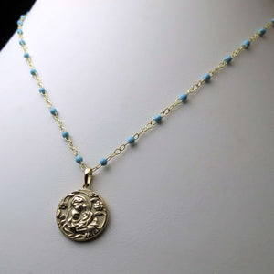 turquoise bead chain necklace with virgin mary medallion pendant