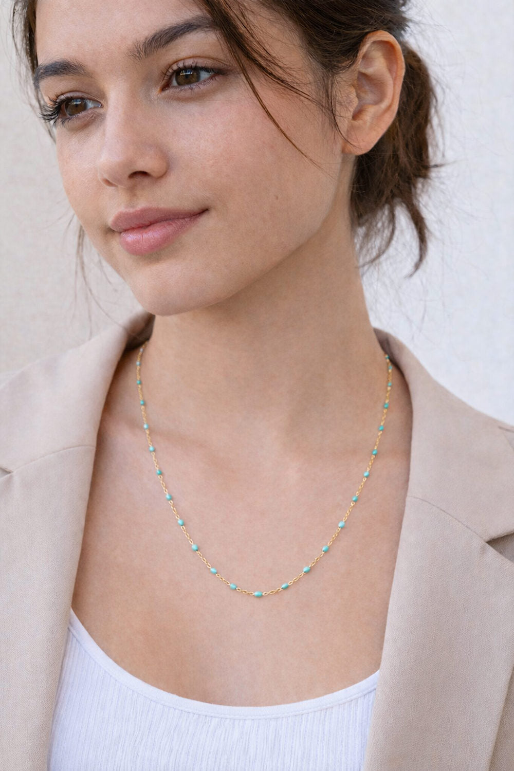 turquoise bead station necklace 14K yellow gold