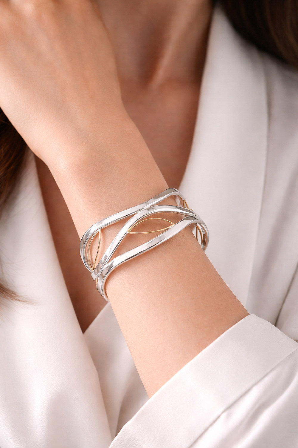 wide cuff statement bracelet two tone silver and gold