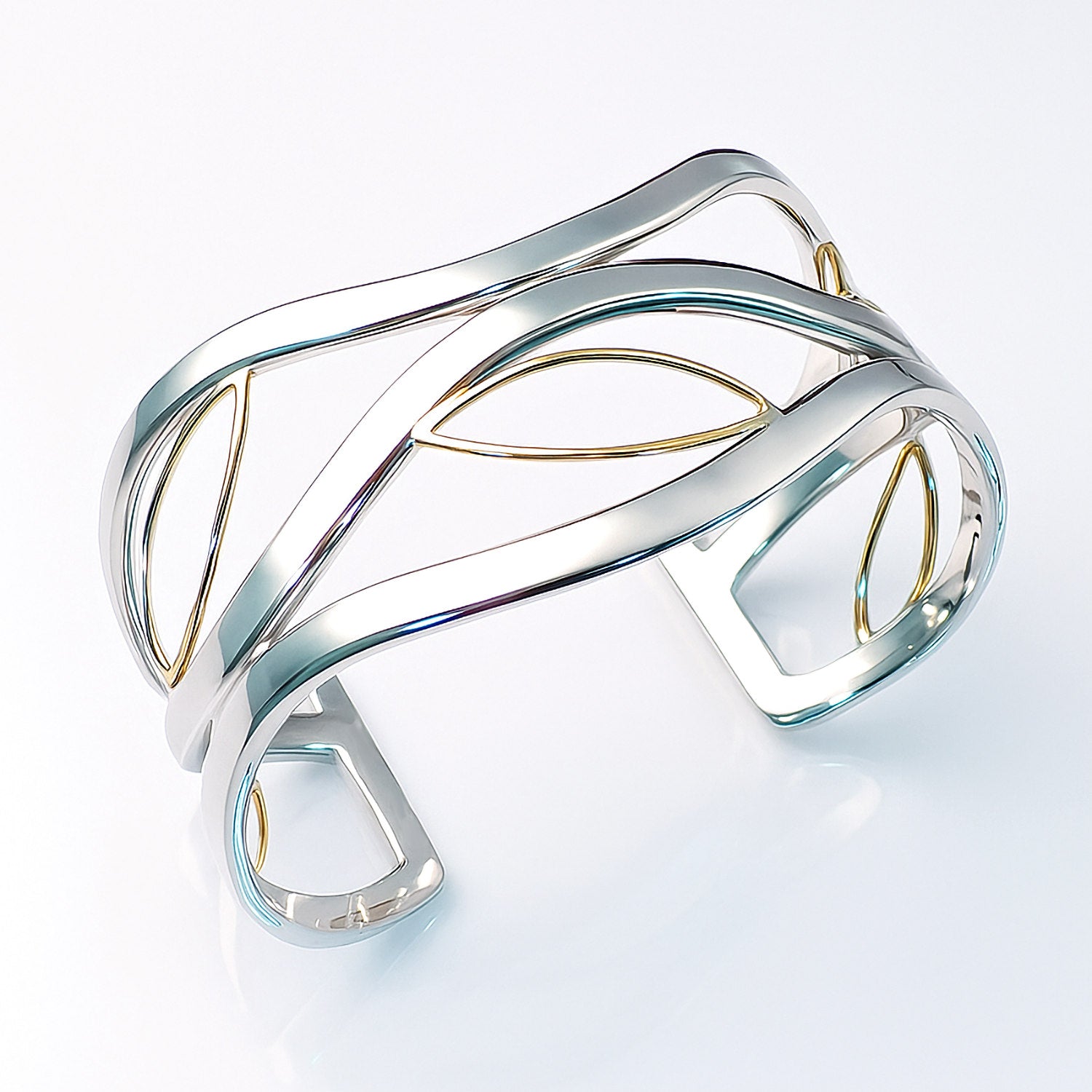 wide cuff statement bracelet two tone silver and gold
